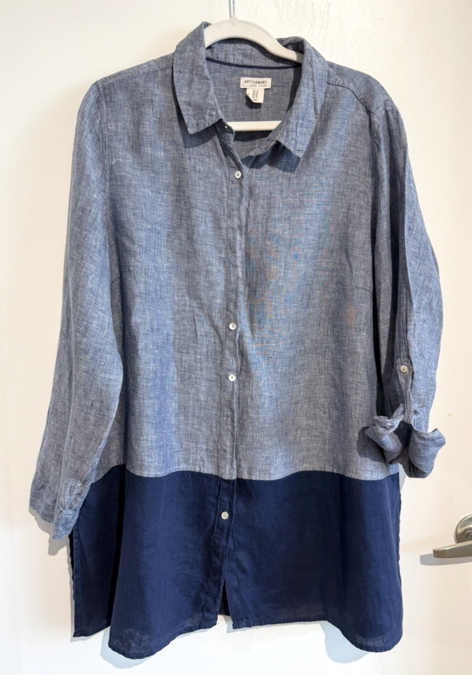 Artisan NY Linen Button Down color block navy Shirt Roll Tab Coastal Sz-1X